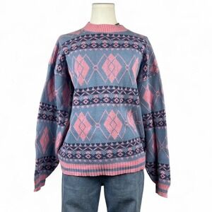 Vintage Ferruccio Busoni Funky Arglye Geometric Sweater L Mock Neck Retro